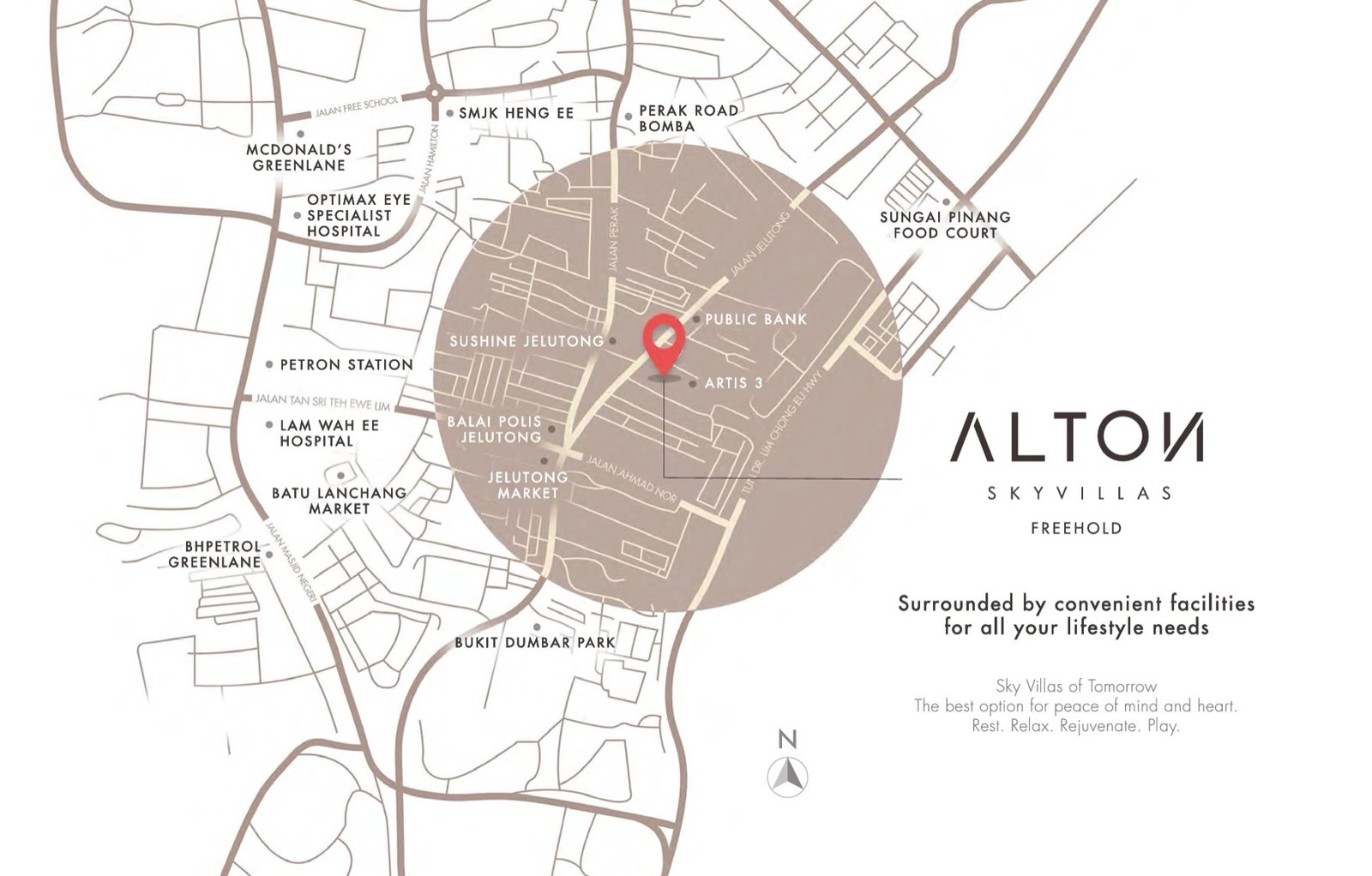 Location map of Alton Skyvillas in Jelutong and nearby amenities